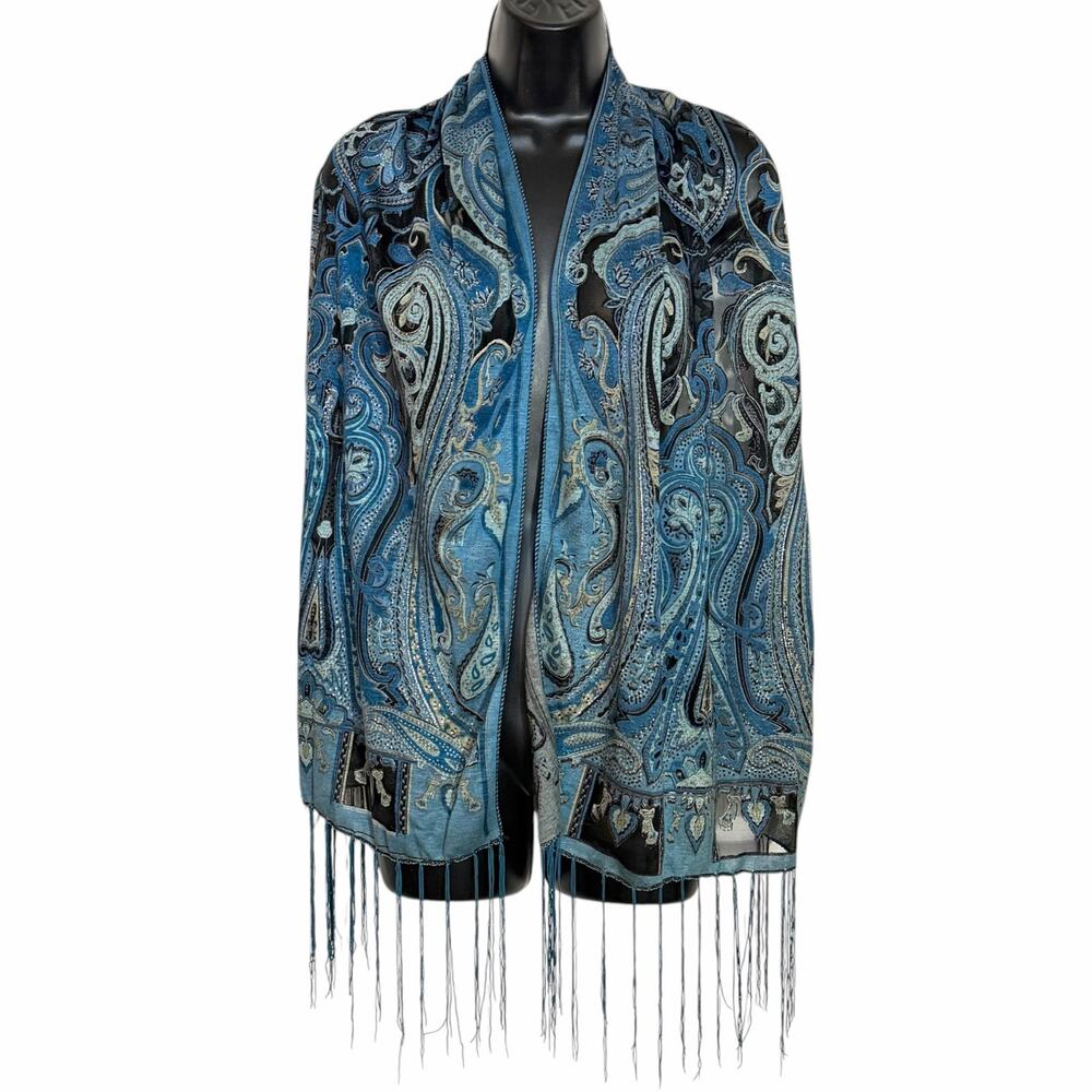 VTG Knit Burnout Paisley Scarf Shawl Wrap Blue Black Fringe Boho Whimsigoth